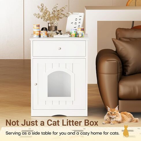 Litter Box Enclosure, Hidden Cat Litter Box Cabinet with Drawer, Wooden Pet Crate, Litter Box Furniture as Cat House, End Table, Fit Most of Litter Box (White) in Saudi Arabia