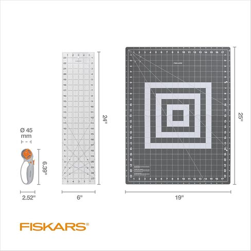 Fiskars Crafts Essentials مجموعة 5 قطع - قطع دوارة شفرة 45 ملم للنسيج ، حصيرة قطع الشفاء الذاتي ، وخياطة الحاكم - لوازم الحرف - بيضاء/رمادية in Kuwait