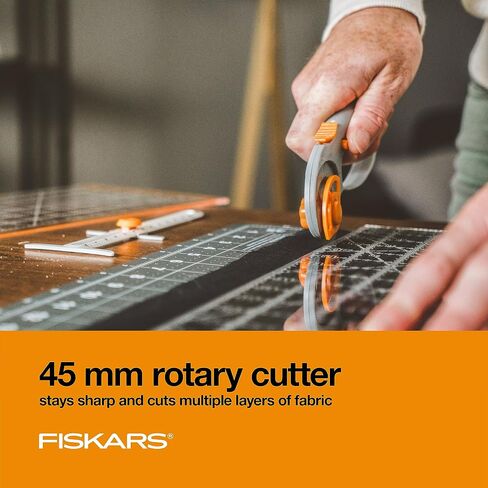 Fiskars Crafts Essentials مجموعة 5 قطع - قطع دوارة شفرة 45 ملم للنسيج ، حصيرة قطع الشفاء الذاتي ، وخياطة الحاكم - لوازم الحرف - بيضاء/رمادية in Kuwait