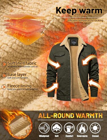 TACVASEN Men's Winter Jacket Sherpa Fleece Lined Cargo Coat Warm Thick Trucker Jacket with Multi Pockets in Kuwait