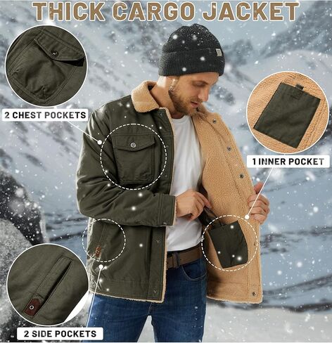TACVASEN Men's Winter Jacket Sherpa Fleece Lined Cargo Coat Warm Thick Trucker Jacket with Multi Pockets in Kuwait