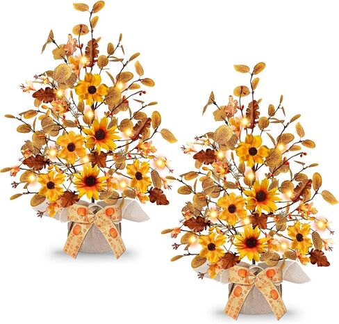 [ Prelit & Timer ] TURNMEON 2 Pack Fall Decor Tabletop Fall Tree 48 LED Battery Operated Maple Tree 288 Eucalyptus Leafed 12 Acorns Berry Fall Decorations for Home Halloween Thanksgiving Decor 18 Inch in Saudi Arabia