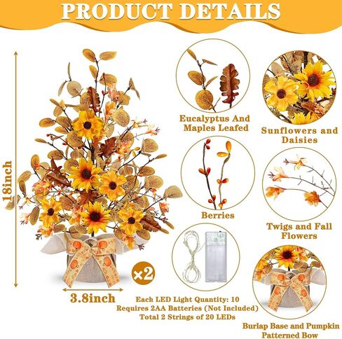 [ Prelit & Timer ] TURNMEON 2 Pack Fall Decor Tabletop Fall Tree 48 LED Battery Operated Maple Tree 288 Eucalyptus Leafed 12 Acorns Berry Fall Decorations for Home Halloween Thanksgiving Decor 18 Inch in Saudi Arabia