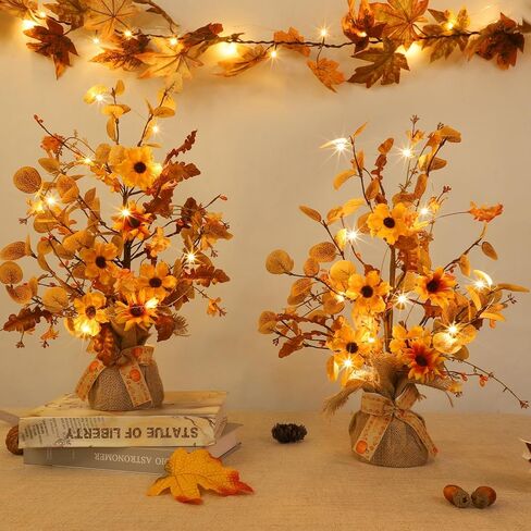 [ Prelit & Timer ] TURNMEON 2 Pack Fall Decor Tabletop Fall Tree 48 LED Battery Operated Maple Tree 288 Eucalyptus Leafed 12 Acorns Berry Fall Decorations for Home Halloween Thanksgiving Decor 18 Inch in Saudi Arabia