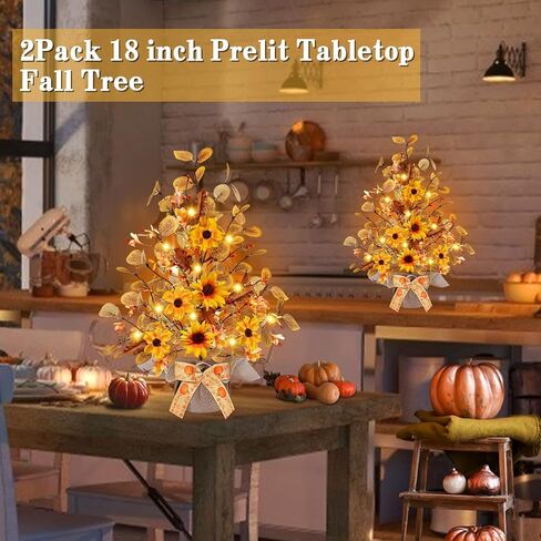 [ Prelit & Timer ] TURNMEON 2 Pack Fall Decor Tabletop Fall Tree 48 LED Battery Operated Maple Tree 288 Eucalyptus Leafed 12 Acorns Berry Fall Decorations for Home Halloween Thanksgiving Decor 18 Inch in Saudi Arabia