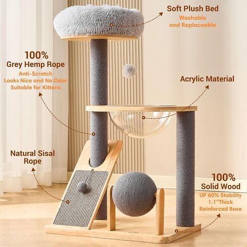 HITTITE Cat Tree Tower with Scratching Post for Indoor Cats, 37.8 Inches Cat Towers with Scratching Board and Scratcher Ball, Cat Climbing Tower with Hammock and Removable Top Bed for Kittens. in Kuwait