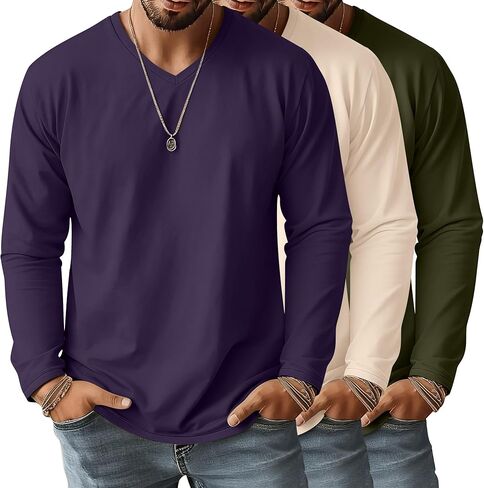 Ficerd 3 Pack Big and Tall Shirts for Men V Neck Cotton Long Sleeve Tee L-7XL Casual Loose Tops Oversized Basic T Shirts in Kuwait