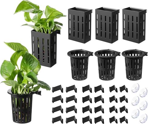 Chunful 12 Set Moarium Plant Plant يحتوي على 12 وعاءًا مائيًا معلقًا مع 72 خطافًا و 24 أكوابًا مجزفًا مائيًا لنباتات حوض الأسماك وزينة Aquascape ، 2 أنماط. in Saudi Arabia