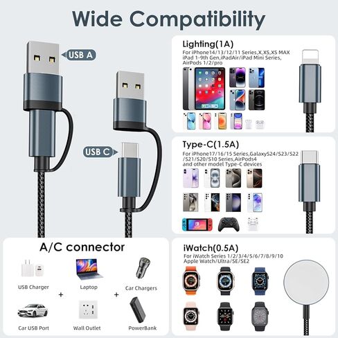 كابل شحن متعدد 3 في 2 مطور لشاحن iWatch وشاحن iPhone وكابل شاحن USB C متعدد الشحن السريع متوافق مع iWatch Ultra/SE/10/9/8/7/6/5/4/3/2/1,16/15 /14/13/جالاكسي S23-4FT in Kuwait