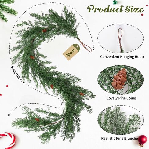 Artificial Christmas Garlands 2 PCS-5.9FT Faux Hanging Winter Vines Red Berries Holly Leaves with Pine Cones Pine Needle Cedar Greenery Ivy Christmas Holiday New Year Home Decoration Indoor Outdoor in Kuwait