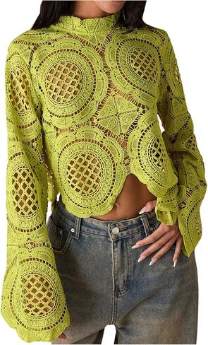 GORGLITTER Women's Ripped Hollow Out Knit Blouses Long Sleeve Round Neck Pullovers Shirt Streetwear in Saudi Arabia