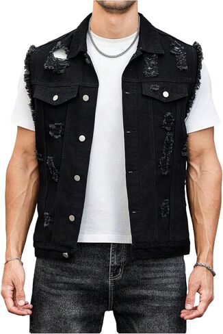 Floerns Men's Distressed Ripped Jean Vest Sleeveless Button Front Denim Vest in Saudi Arabia