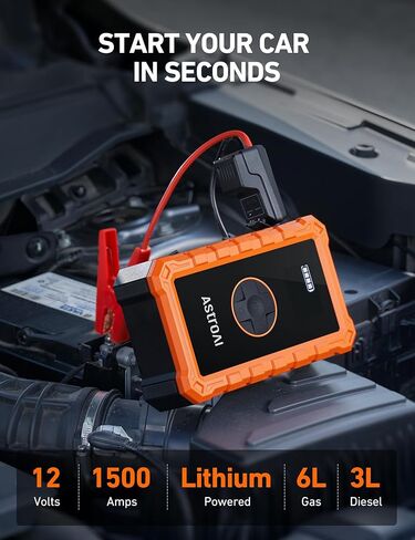 AstroAI S8 Air Jump Starter with Air Compressor, 1500A Car Battery Jumper Starter Portable (6.0 Gas/3.0L Diesel) with 150PSI Cordless Auto-Shutoff Tire Inflator, 12V Battery Charger Booster(Orange) in Kuwait