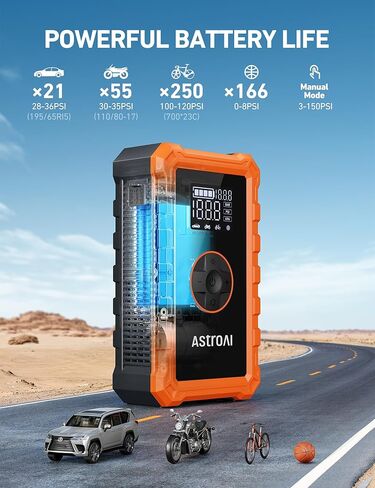 AstroAI S8 Air Jump Starter with Air Compressor, 1500A Car Battery Jumper Starter Portable (6.0 Gas/3.0L Diesel) with 150PSI Cordless Auto-Shutoff Tire Inflator, 12V Battery Charger Booster(Orange) in Kuwait