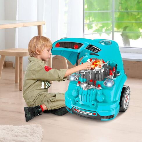 Qaba Truck Engine Toy, Kids Mechanic Set with Lights, Sounds, Steering Wheel and Horn, Pretend Car Service Station Play with 61-Piece Included, Toy Engine Building Kit for Kids Aged 3+, Red in Saudi Arabia