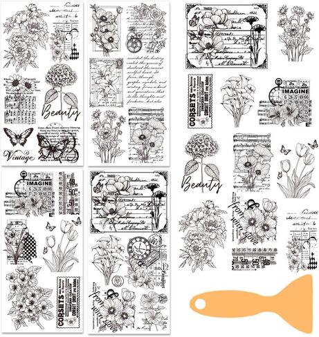 4 Sheets Flower Rub on Transfers for Crafts Vintage Floral Rub on Transfer Stickers for Furniture Iod Transfers Rub on Retro Stamps Stickers Farmhouse Decals for Wood DIY Home Decor 6"x12" in Kuwait