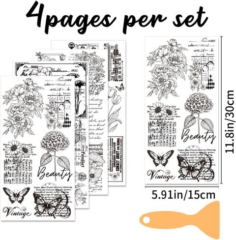 4 Sheets Flower Rub on Transfers for Crafts Vintage Floral Rub on Transfer Stickers for Furniture Iod Transfers Rub on Retro Stamps Stickers Farmhouse Decals for Wood DIY Home Decor 6"x12" in Kuwait