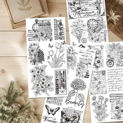 4 Sheets Flower Rub on Transfers for Crafts Vintage Floral Rub on Transfer Stickers for Furniture Iod Transfers Rub on Retro Stamps Stickers Farmhouse Decals for Wood DIY Home Decor 6"x12" in Kuwait