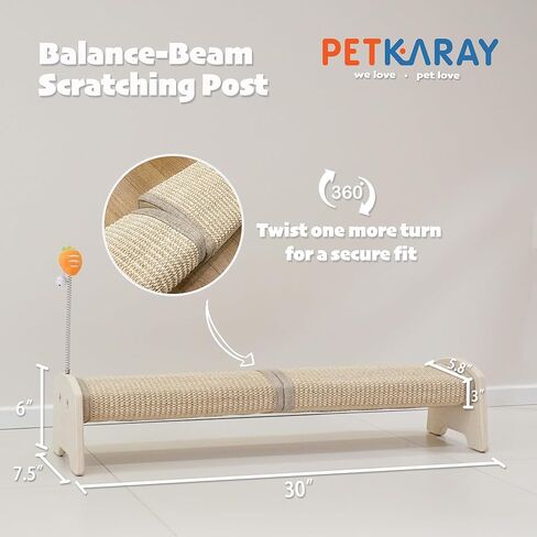 PETKARAY Horizontal Scratching Post, 30" Sisal Cat Scratch Post, Large Cat Scratcher with Spring Toy, Protect Furniture for Indoor Kitten in Kuwait