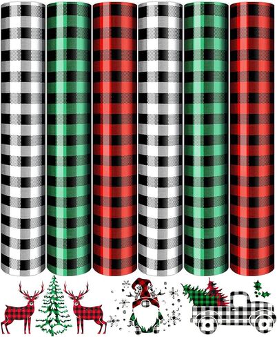 13Pcs Christmas Vinyl for Cricut,12x10 Inch Black White Red Green Plaid HTV Iron on, Leopard Pattern Print Vinyl Bundle for DIY T-Shirt in Kuwait