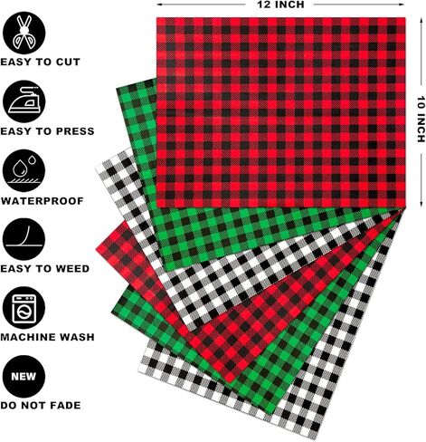 13Pcs Christmas Vinyl for Cricut,12x10 Inch Black White Red Green Plaid HTV Iron on, Leopard Pattern Print Vinyl Bundle for DIY T-Shirt in Kuwait