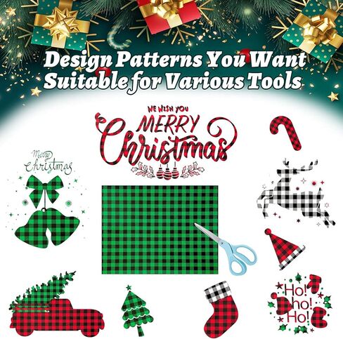 13Pcs Christmas Vinyl for Cricut,12x10 Inch Black White Red Green Plaid HTV Iron on, Leopard Pattern Print Vinyl Bundle for DIY T-Shirt in Kuwait