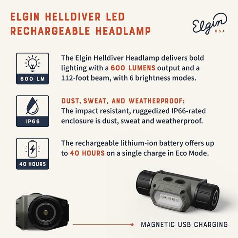 مصباح أمامي Elgin Helldiver قابل لإعادة الشحن فائق السطوع 600 لومن LED USB مصباح أمامي IP66 مقاوم للطقس مع 6 أوضاع إضاءة مع ضوء أحمر، حامل مغناطيسي للعمل والبناء والخارج والتخييم in Kuwait