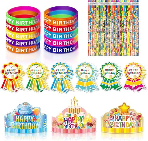 150 Pcs Happy Birthday Kits for Kids Classroom, Include Crowns, Silicone Stretches, Toy Whistles, Badge Stickers, Students Kindergarten Birthday Party Hats for School Teacher Classroom Party Supplies in Kuwait