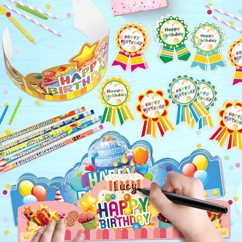 150 Pcs Happy Birthday Kits for Kids Classroom, Include Crowns, Silicone Stretches, Toy Whistles, Badge Stickers, Students Kindergarten Birthday Party Hats for School Teacher Classroom Party Supplies in Kuwait