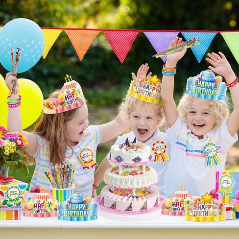 150 Pcs Happy Birthday Kits for Kids Classroom, Include Crowns, Silicone Stretches, Toy Whistles, Badge Stickers, Students Kindergarten Birthday Party Hats for School Teacher Classroom Party Supplies in Kuwait