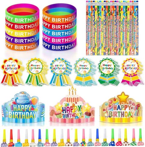 150 Pcs Happy Birthday Kits for Kids Classroom, Include Crowns, Silicone Stretches, Toy Whistles, Badge Stickers, Students Kindergarten Birthday Party Hats for School Teacher Classroom Party Supplies in Saudi Arabia