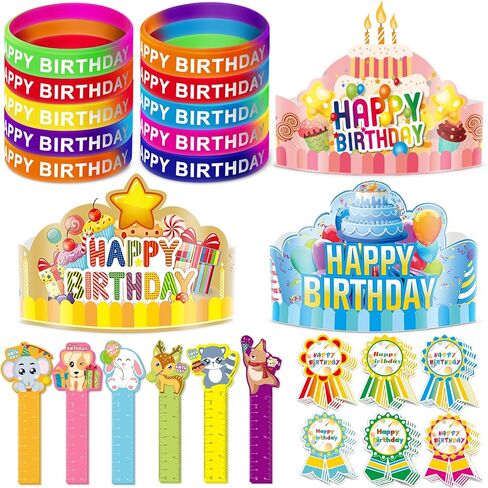 150 Pcs Happy Birthday Kits for Kids Classroom, Include Crowns, Silicone Stretches, Toy Whistles, Badge Stickers, Students Kindergarten Birthday Party Hats for School Teacher Classroom Party Supplies in Kuwait