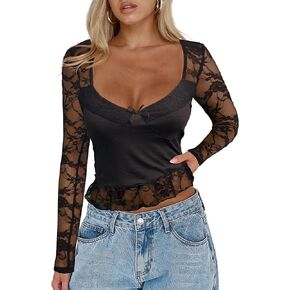 CSDAJIO Women's Sexy Going Out Tops for Women Sweetheart V Neck Long Sleeve Lace Top Low Cut Shirt in Kuwait