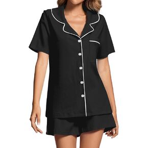 Rooscier Women's Pajamas Set Notch Collar Button Short Sleeve Shirt with Shorts PJs Set in Kuwait