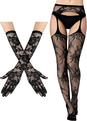 2 Pieces Suspender Pantyhose Long Floral Lace Gloves Stocking Fishnet Tights Garter Belt Stockings for Women, Black (Stylish Style,Medium) in Saudi Arabia