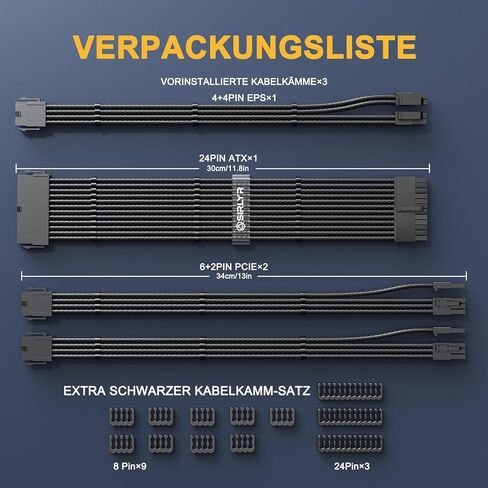 Sirlyr PSU Cable Extension,Customed Pre-Bend PC Power Supply Cable,1x 24 Pin ATX / 1x 8 (4+4) Pin EPS/Longer 2X 8 (6+2) Gold-Plated Pin Pcie,Nylon Sleeved Chartreuse Black,4 Kits in Kuwait