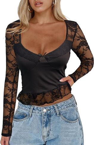 CSDAJIO Women's Sexy Going Out Tops for Women Sweetheart V Neck Long Sleeve Lace Top Low Cut Shirt in Kuwait
