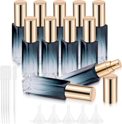 Kesell 11 Pack 10ml Spray Bottles Glass Refillable Perfume Atomizer for Travel Square Empty Bottles Containers Portable Glass Perfume Bottle Set with 5pcs Funnel and 5pcs Dropper (Black Cap) in Kuwait