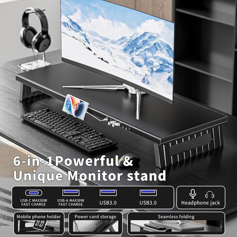 All-Metal Foldable Monitor Stand ,long760mm， 80kg Heavy-Duty Ergonomic Desk Riser, Collapsible Space-Saving Design, Detachable Phone Holder & Anti-Slip Base for Home Office Stability in Kuwait