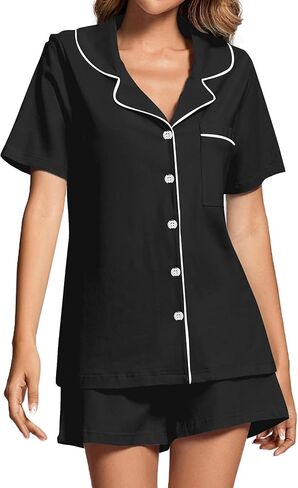 Rooscier Women's Pajamas Set Notch Collar Button Short Sleeve Shirt with Shorts PJs Set in Kuwait