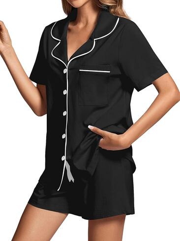 Rooscier Women's Pajamas Set Notch Collar Button Short Sleeve Shirt with Shorts PJs Set in Kuwait