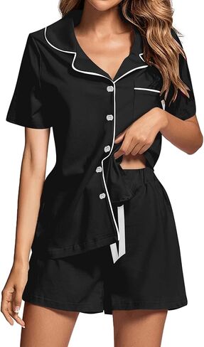 Rooscier Women's Pajamas Set Notch Collar Button Short Sleeve Shirt with Shorts PJs Set in Kuwait