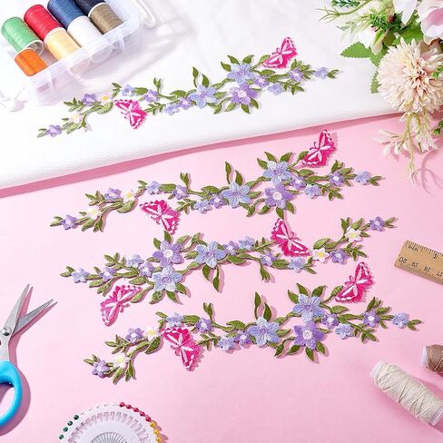 4Pcs Flower Butterfly Embroidered Patches 10.55inch Long Floral Iron on Appliques Purple Flower Embroidery Patches Wisteria Repair Patch for Clothes Dresses Bag Pants DIY Craft Decoration in Saudi Arabia