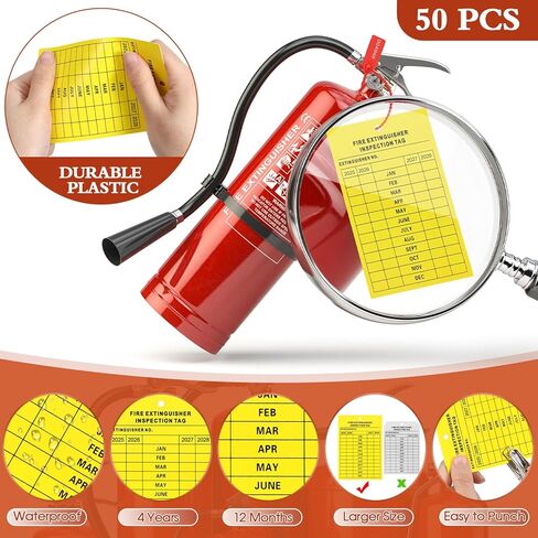 Chunful 101 Pieces Monthly Fire Extinguisher Inspection Tags 2025 to 2028 Maintenance Tags and Plastic Tamper Seals Numbered Security Tags with Handheld Hole Puncher(Yellow) in Kuwait