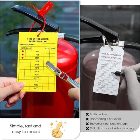 Chunful 101 Pieces Monthly Fire Extinguisher Inspection Tags 2025 to 2028 Maintenance Tags and Plastic Tamper Seals Numbered Security Tags with Handheld Hole Puncher(Yellow) in Kuwait