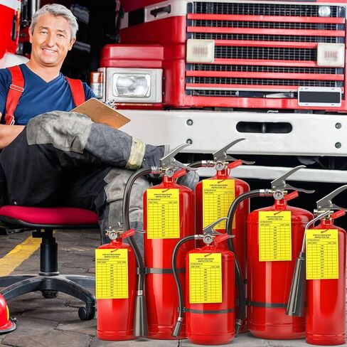 Chunful 101 Pieces Monthly Fire Extinguisher Inspection Tags 2025 to 2028 Maintenance Tags and Plastic Tamper Seals Numbered Security Tags with Handheld Hole Puncher(Yellow) in Kuwait