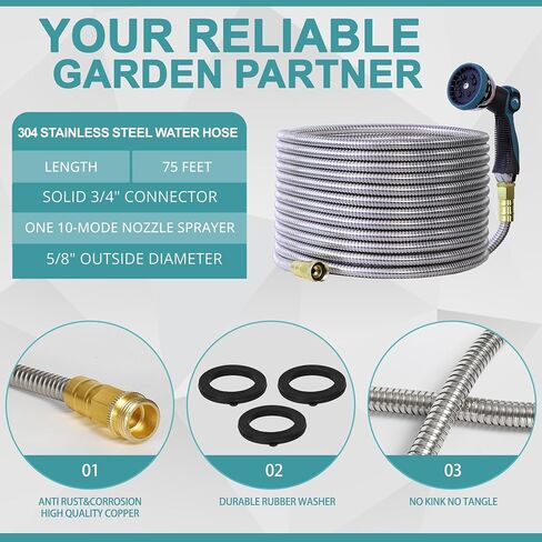 50FT 5/8'' Garden Hose, 304 Stainless Steel Water Hose, Flexible with a 10-Mode Nozzle Sprayer, No Kink, Lightweight, Puncture Proof Metal Hose, Ideal for Yard, Lawn, Outdoor in Saudi Arabia