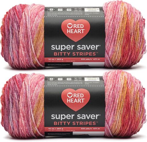 Red Heart Super Saver Bitty Stripes Lollies Yarn - 2 حزمة من 283g/10oz - 100 ٪ من الأكريليك - #4 الصوفي (المتوسط) - 515 ياردة - الحياكة/الكروشيه in Kuwait