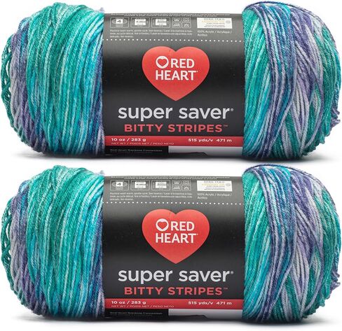 Red Heart Super Saver Bitty Stripes Lollies Yarn - 2 حزمة من 283g/10oz - 100 ٪ من الأكريليك - #4 الصوفي (المتوسط) - 515 ياردة - الحياكة/الكروشيه in Kuwait