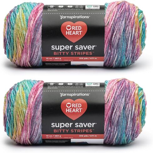 Red Heart Super Saver Bitty Stripes Lollies Yarn - 2 حزمة من 283g/10oz - 100 ٪ من الأكريليك - #4 الصوفي (المتوسط) - 515 ياردة - الحياكة/الكروشيه in Kuwait
